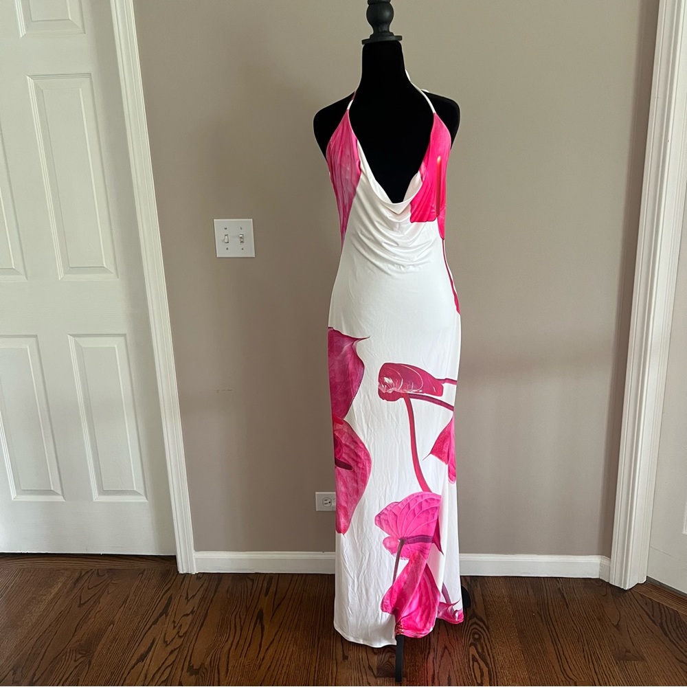 Slinky Pink and White Floral Halter Cowl Neck Maxi Dress - Size M NWT